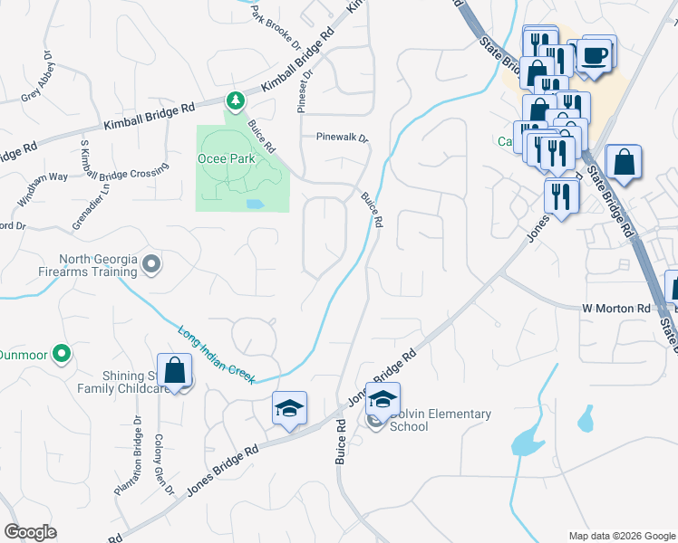 map of restaurants, bars, coffee shops, grocery stores, and more near 10690 Pinewalk Forest Circle in Alpharetta
