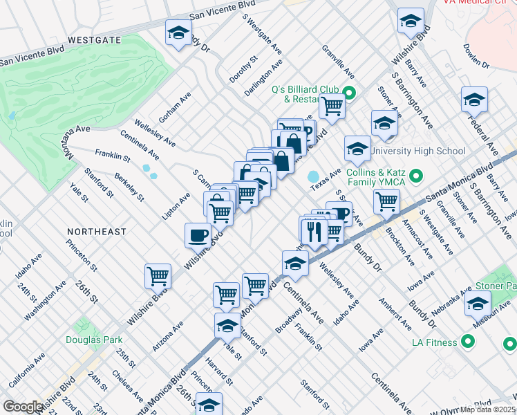 map of restaurants, bars, coffee shops, grocery stores, and more near 12300 Wilshire Boulevard in Los Angeles