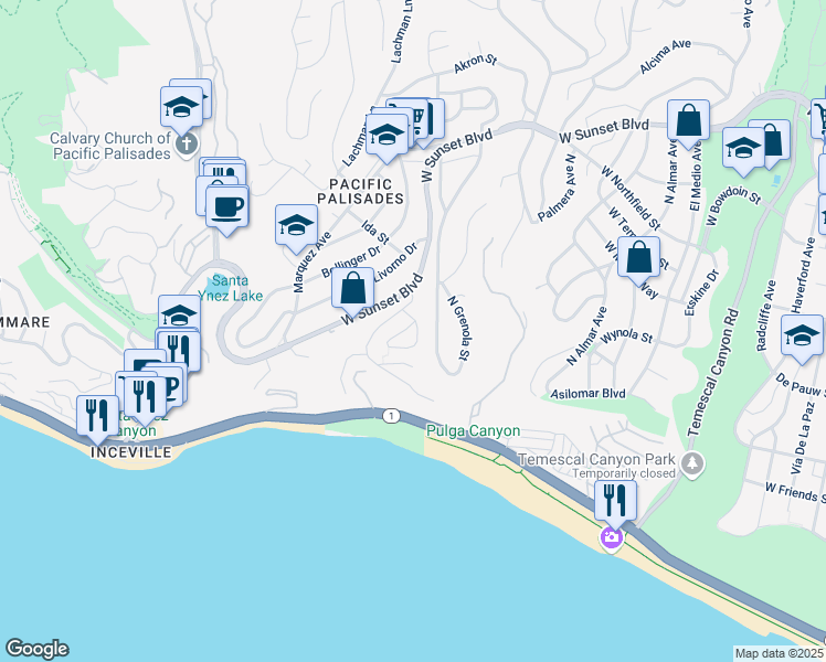 map of restaurants, bars, coffee shops, grocery stores, and more near 384 Arno Way in Los Angeles