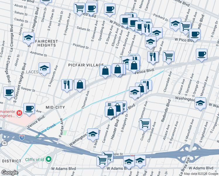 map of restaurants, bars, coffee shops, grocery stores, and more near 1747 South Marvin Avenue in Los Angeles
