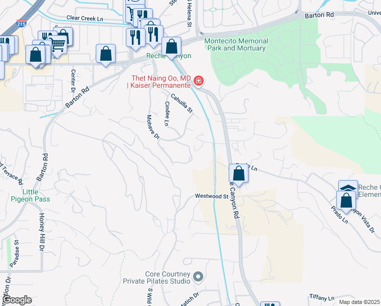 map of restaurants, bars, coffee shops, grocery stores, and more near Walter Court in Colton