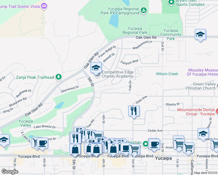 map of restaurants, bars, coffee shops, grocery stores, and more near 34545 Princeton Drive in Yucaipa