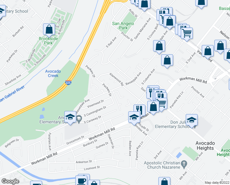 map of restaurants, bars, coffee shops, grocery stores, and more near 770 S Woodberry Ln in La Puente