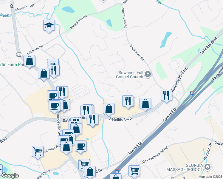map of restaurants, bars, coffee shops, grocery stores, and more near 100 Silver Water Court in Suwanee