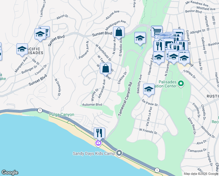 map of restaurants, bars, coffee shops, grocery stores, and more near 507 El Medio Avenue in Los Angeles