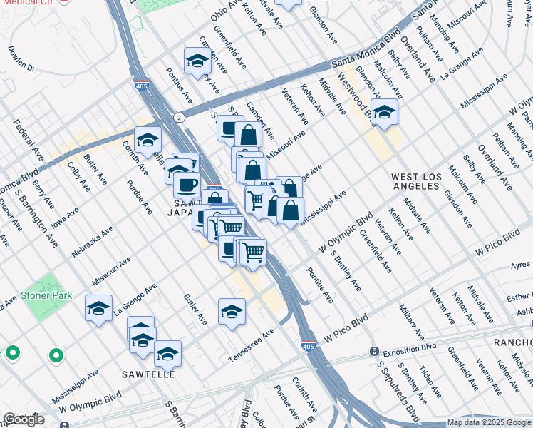 map of restaurants, bars, coffee shops, grocery stores, and more near 1954 Cotner Avenue in Los Angeles