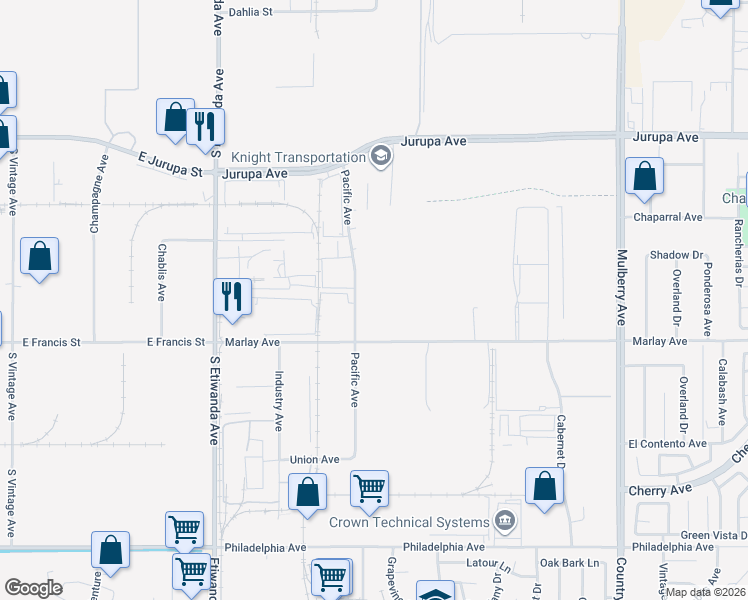 map of restaurants, bars, coffee shops, grocery stores, and more near 11695 Pacific Avenue in Fontana