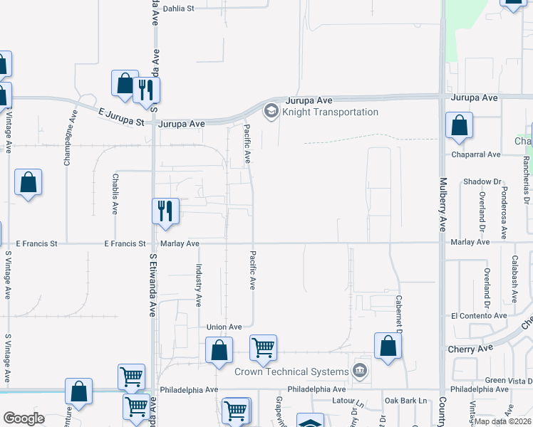 map of restaurants, bars, coffee shops, grocery stores, and more near 11695 Pacific Avenue in Fontana