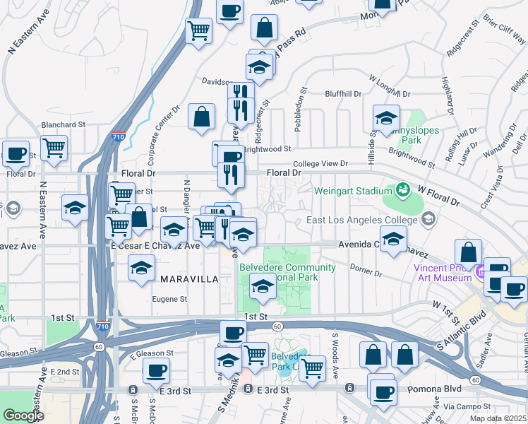 map of restaurants, bars, coffee shops, grocery stores, and more near 3115 Colonia de Los Cedros in Los Angeles