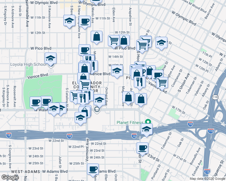 map of restaurants, bars, coffee shops, grocery stores, and more near 1733 South New England Street in Los Angeles