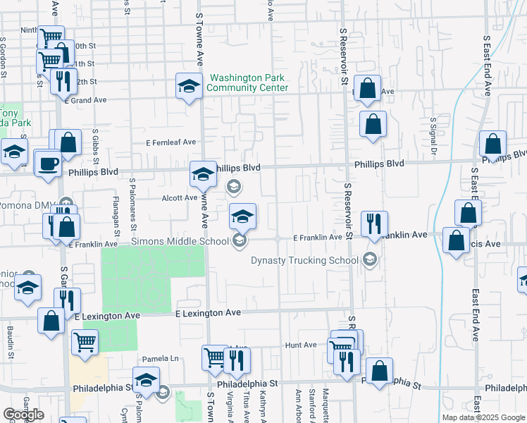 map of restaurants, bars, coffee shops, grocery stores, and more near 1634 Lantana Way in Pomona