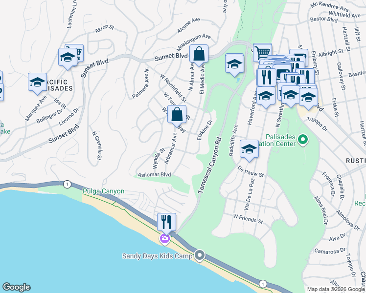 map of restaurants, bars, coffee shops, grocery stores, and more near 507 El Medio Avenue in Los Angeles