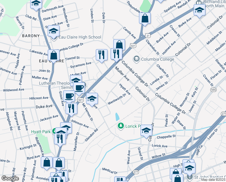 map of restaurants, bars, coffee shops, grocery stores, and more near 4400 Windemere Avenue in Columbia