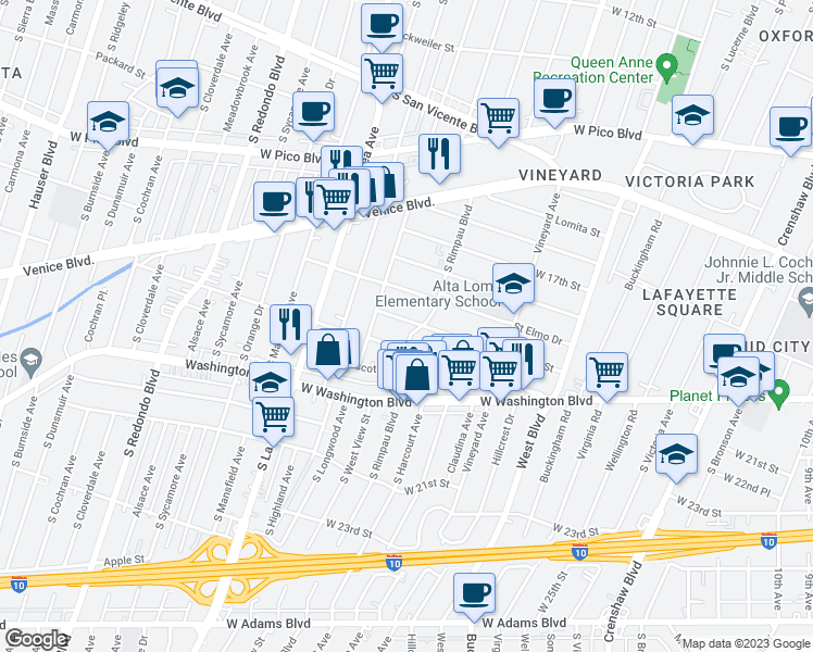 map of restaurants, bars, coffee shops, grocery stores, and more near 1805 South Rimpau Boulevard in Los Angeles