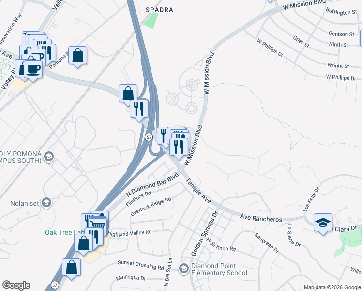 map of restaurants, bars, coffee shops, grocery stores, and more near 3647 Legato Court in Pomona