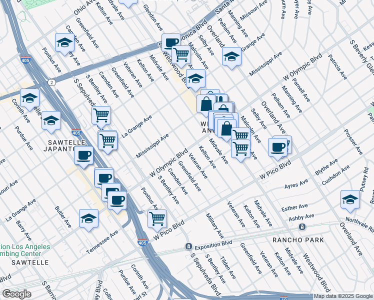 map of restaurants, bars, coffee shops, grocery stores, and more near West Olympic Boulevard & Veteran Avenue in Los Angeles