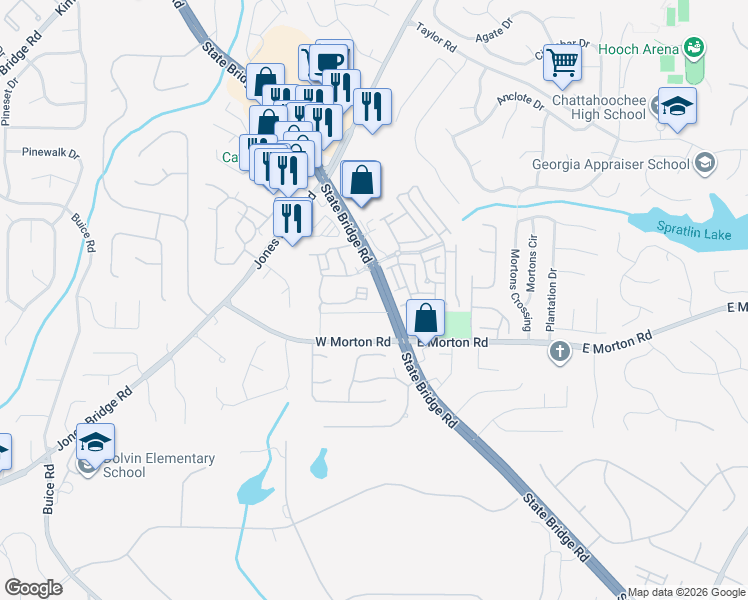 map of restaurants, bars, coffee shops, grocery stores, and more near 10840 State Bridge Road in Johns Creek
