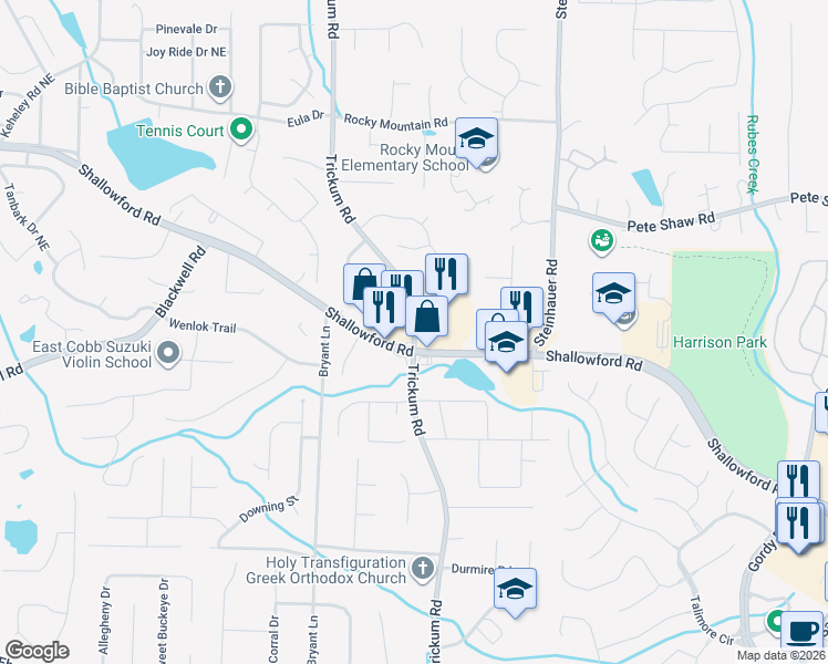 map of restaurants, bars, coffee shops, grocery stores, and more near 3750 Trickum Road in Marietta