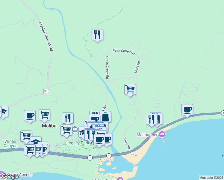 map of restaurants, bars, coffee shops, grocery stores, and more near 3511 Cross Creek Lane in Malibu