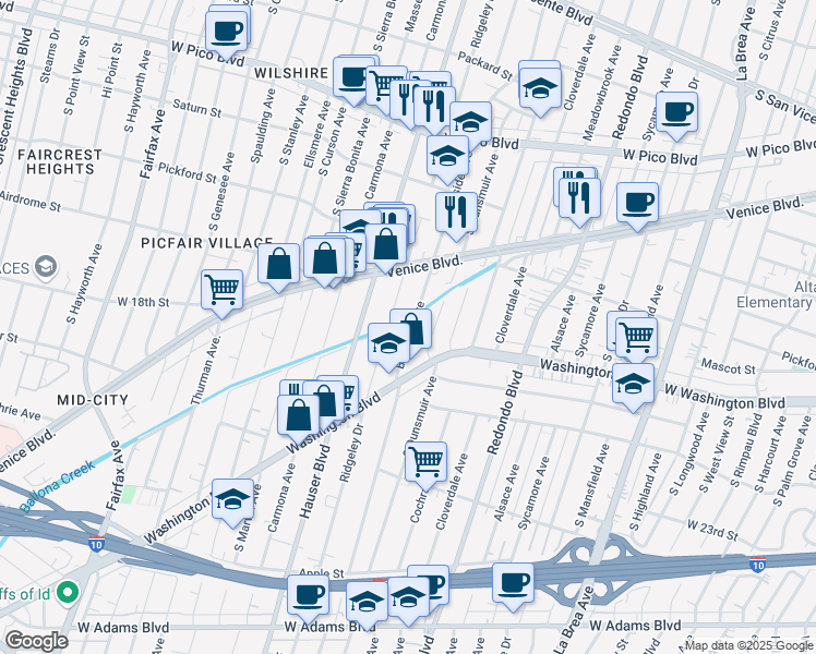 map of restaurants, bars, coffee shops, grocery stores, and more near 1807 South Burnside Avenue in Los Angeles