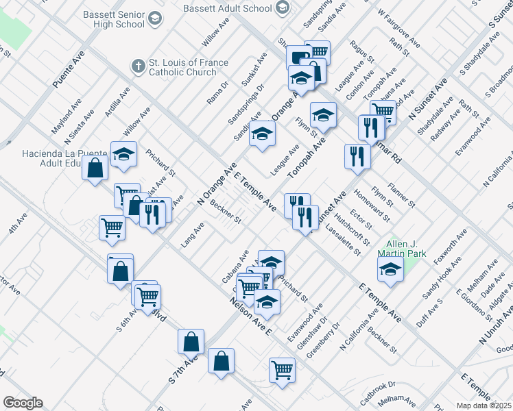 map of restaurants, bars, coffee shops, grocery stores, and more near 559 Tonopah Avenue in La Puente