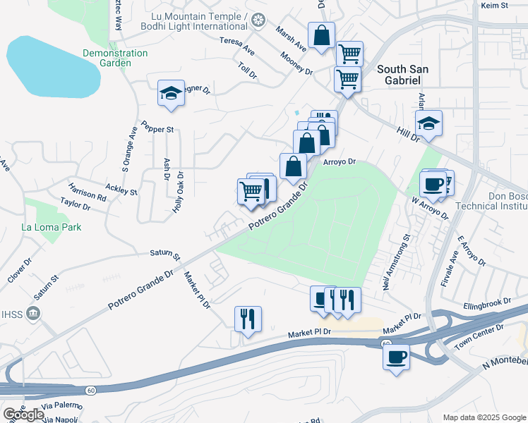 map of restaurants, bars, coffee shops, grocery stores, and more near 1965 Potrero Grande Drive in Monterey Park