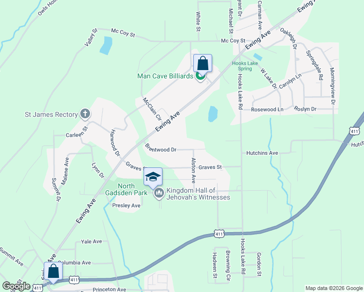map of restaurants, bars, coffee shops, grocery stores, and more near 134 Brentwood Drive in Gadsden