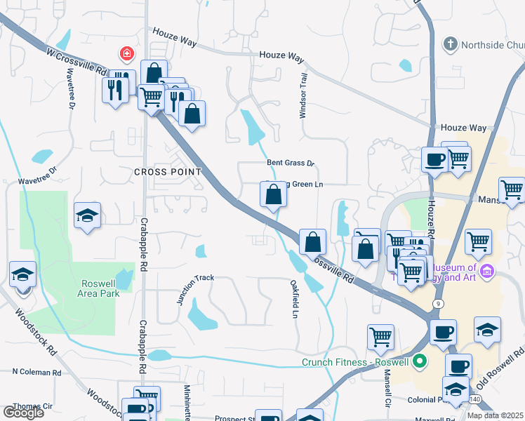map of restaurants, bars, coffee shops, grocery stores, and more near 250 East Crossville Road in Roswell