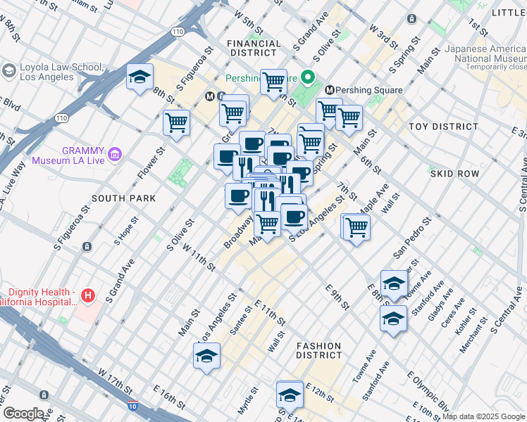 map of restaurants, bars, coffee shops, grocery stores, and more near 850 South Broadway in Los Angeles