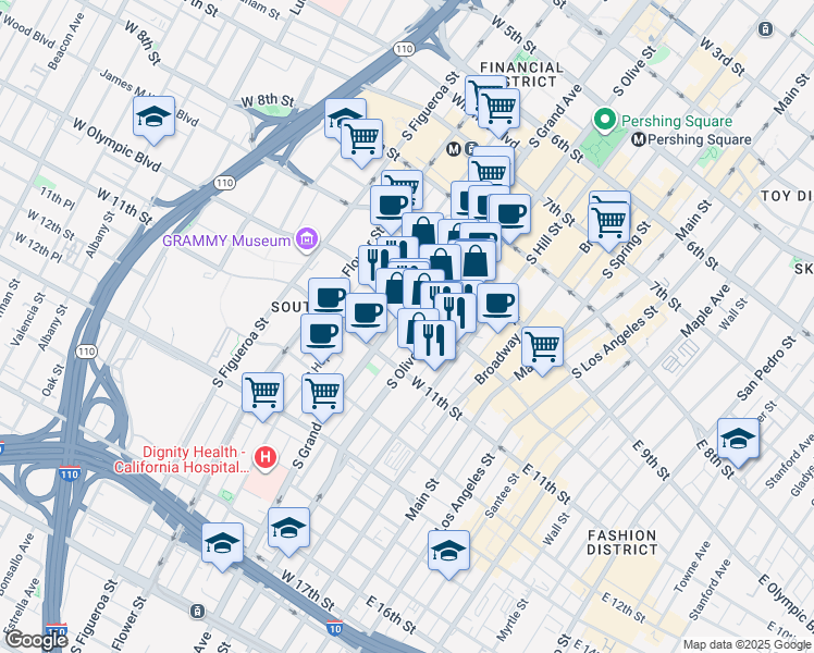 map of restaurants, bars, coffee shops, grocery stores, and more near 408 West Olympic Boulevard in Los Angeles