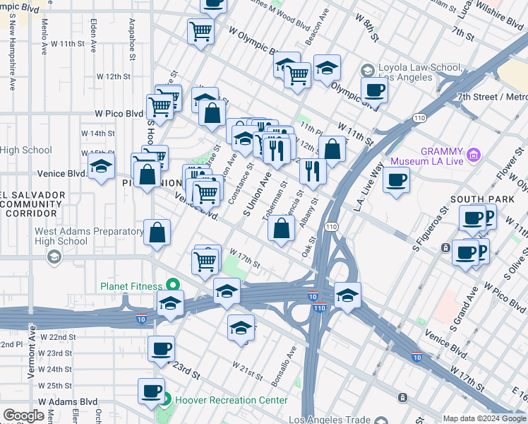 map of restaurants, bars, coffee shops, grocery stores, and more near 1414 South Union Avenue in Los Angeles