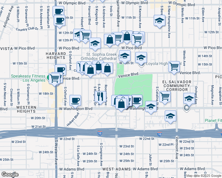 map of restaurants, bars, coffee shops, grocery stores, and more near 1702 Normandie Avenue in Los Angeles