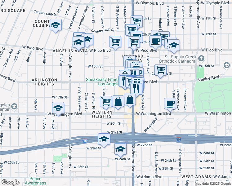 map of restaurants, bars, coffee shops, grocery stores, and more near 1630 South Saint Andrews Place in Los Angeles