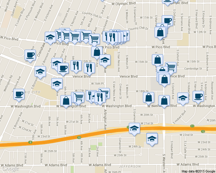 map of restaurants, bars, coffee shops, grocery stores, and more near 1629 South Van Ness Avenue in Los Angeles