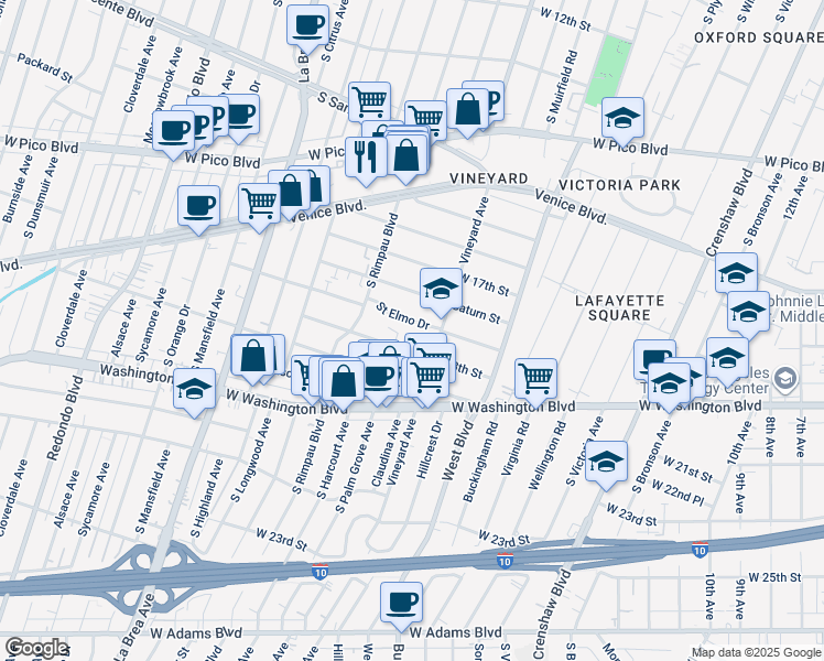 map of restaurants, bars, coffee shops, grocery stores, and more near 4624 Saint Elmo Drive in Los Angeles