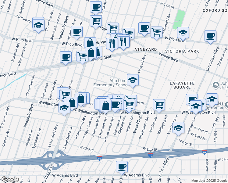map of restaurants, bars, coffee shops, grocery stores, and more near 4710 Saint Elmo Drive in Los Angeles