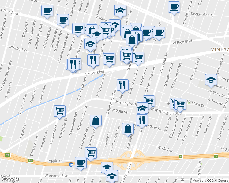 map of restaurants, bars, coffee shops, grocery stores, and more near 1854 South Cloverdale Avenue in Los Angeles