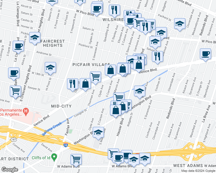 map of restaurants, bars, coffee shops, grocery stores, and more near 1818 Clyde Avenue in Los Angeles