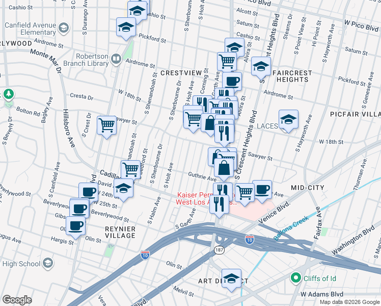 map of restaurants, bars, coffee shops, grocery stores, and more near 1919 South Corning Street in Los Angeles