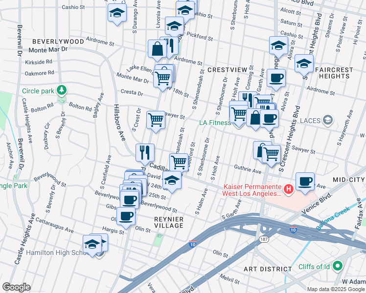 map of restaurants, bars, coffee shops, grocery stores, and more near 1954 South Shenandoah Street in Los Angeles