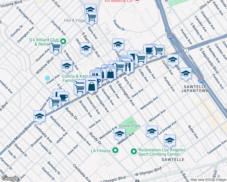map of restaurants, bars, coffee shops, grocery stores, and more near 1527 Stoner Avenue in Los Angeles