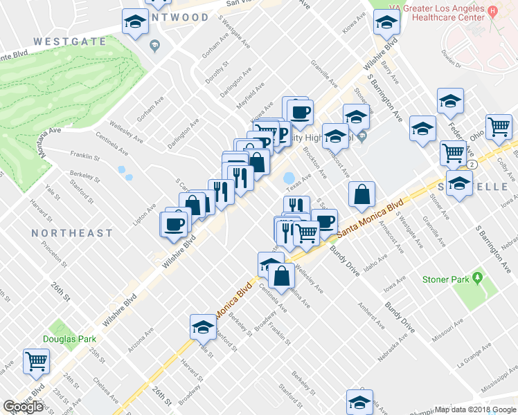 map of restaurants, bars, coffee shops, grocery stores, and more near 1250 Amherst Avenue in Los Angeles