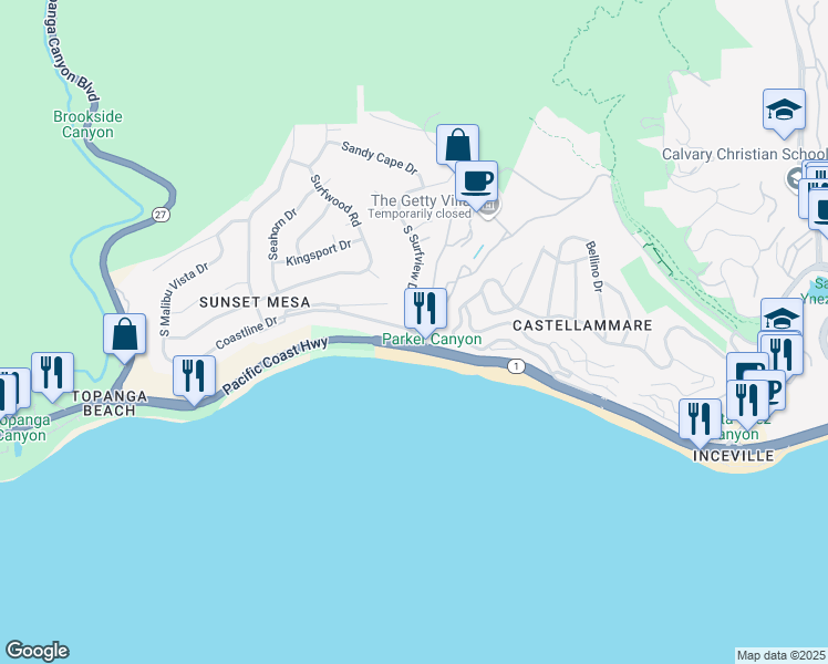 map of restaurants, bars, coffee shops, grocery stores, and more near 168 South Surfview Drive in Los Angeles