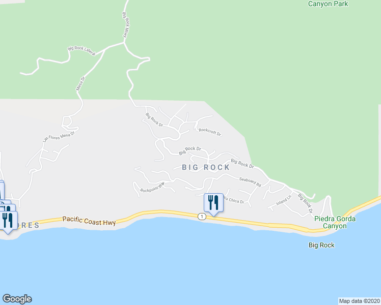 map of restaurants, bars, coffee shops, grocery stores, and more near 20533 Little Rock Way in Malibu