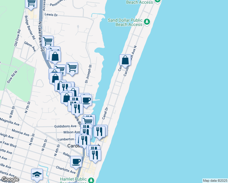 map of restaurants, bars, coffee shops, grocery stores, and more near 707 Carolina Beach Avenue North in Carolina Beach