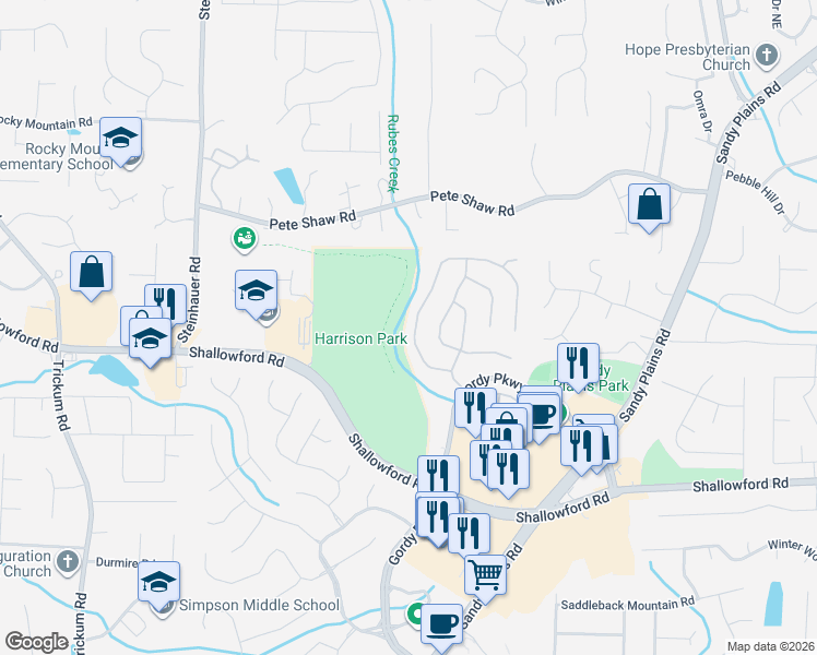 map of restaurants, bars, coffee shops, grocery stores, and more near 3733 Upland Drive in Marietta