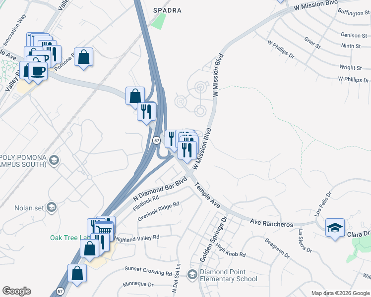 map of restaurants, bars, coffee shops, grocery stores, and more near 3623 Legato Court in Pomona