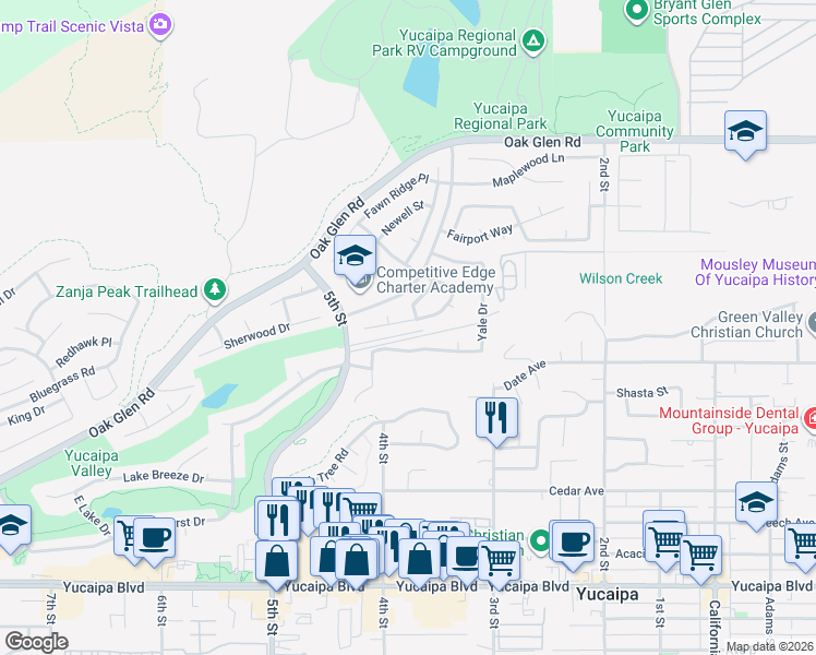 map of restaurants, bars, coffee shops, grocery stores, and more near 34545 Princeton Drive in Yucaipa