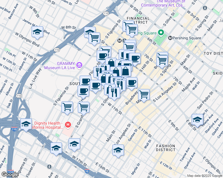 map of restaurants, bars, coffee shops, grocery stores, and more near 408 West Olympic Boulevard in Los Angeles