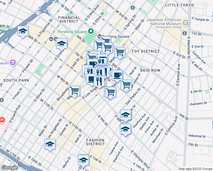 map of restaurants, bars, coffee shops, grocery stores, and more near 716 South Los Angeles Street in Los Angeles